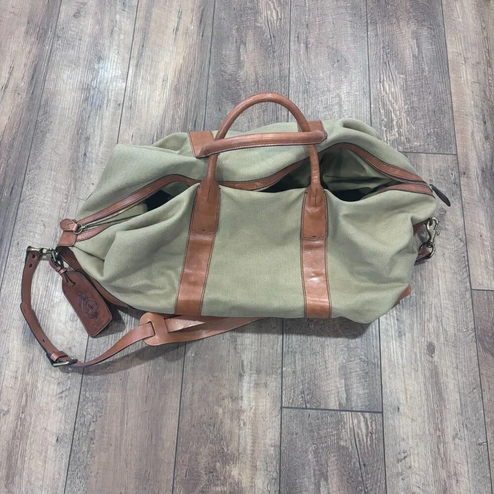 Polo Ralph Lauren Duffle Bag Safari XL Tan Cognac Canvas Leather (23.5x10x10)